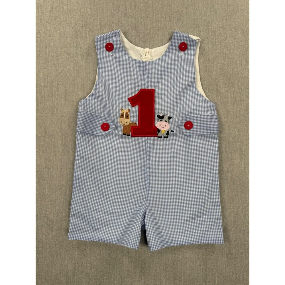 Zuli Kids Baby Boy 1st Birthday Farm Animal Gingham Jon Jon Romper‎ Blue 18M